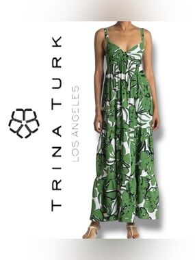 Trina Turk Sz XS Green Tropical Moonstone Baby Doll Maxi Dress NWT